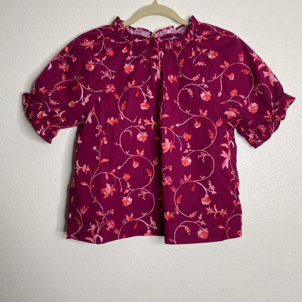 NWT Hill House The Kit Top Burgundy Botanical Floral Ruffle‎ Sleeve Blouse S